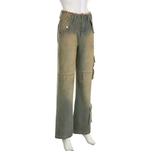 Jeans Sueltos Tiro Bajo Efecto Desgastado con Bolsillos y Costuras Decorativas - Image 14
