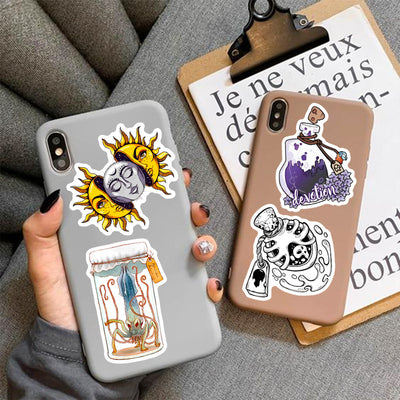 50 waterproof PVC stickers featuring occult, witchy, and mystical designs, including a prominent sun and moon face. - Image 15