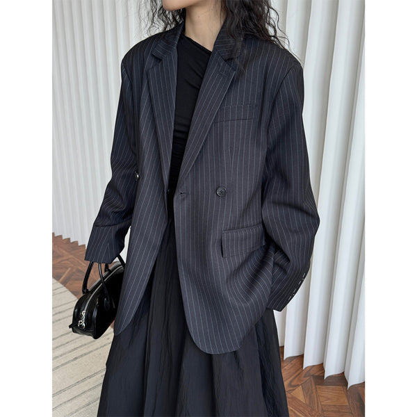 Blazer Casual de Solapa Ancha con Rayas - Silueta Esbelta y Temperamento Refinado