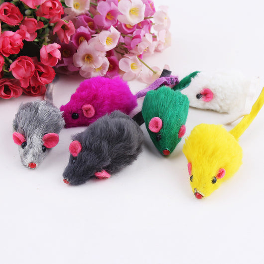 Six colorful plush mouse cat toys in orange, yellow, gray, white, green, and blue, with pink ears and noses.