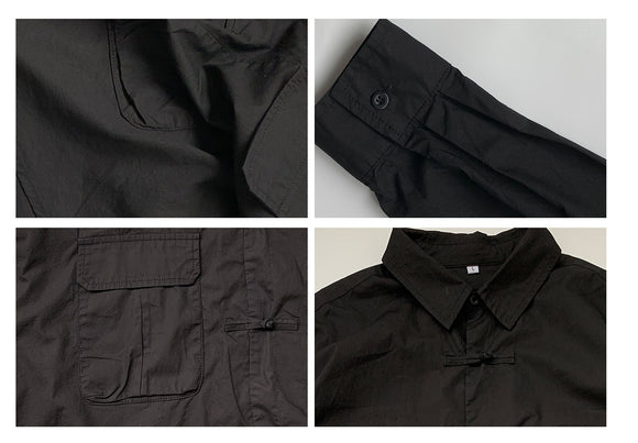Camisa Negra Retro Asiática Suelta y Minimalista para Otoño