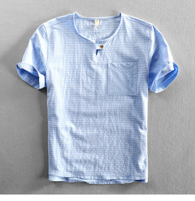 Camiseta Hombre Algodón Rayas Cuello Abierto Manga Corta Suelta Casual - Image 25