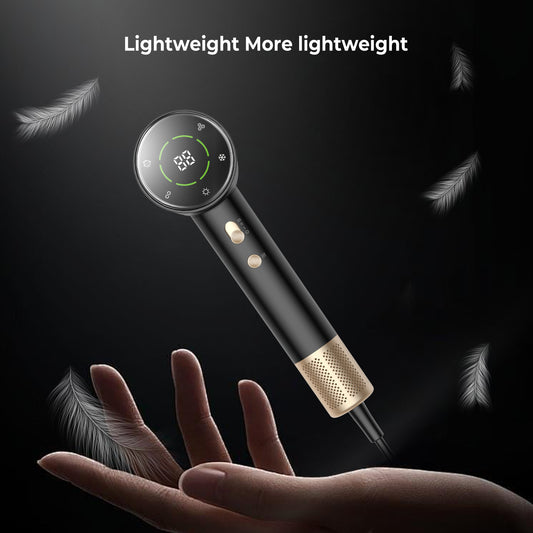 Black and gold high-power hair dryer with digital display, concentrator, and diffuser nozzles.