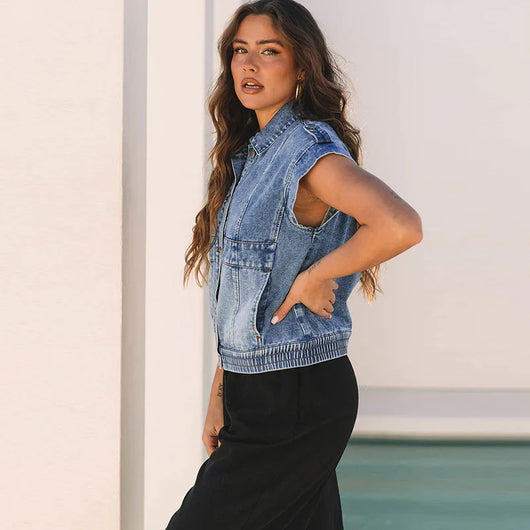 Chaleco Denim Mujer Cuello Solapa Manga Corta - Estilo Casual Japonés