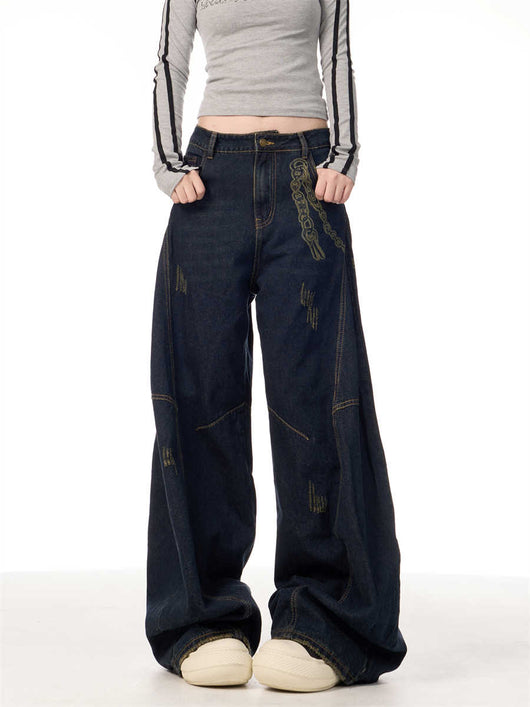 Overol Denim Retro Patchwork de Pierna Ancha para Mujer - Image 3