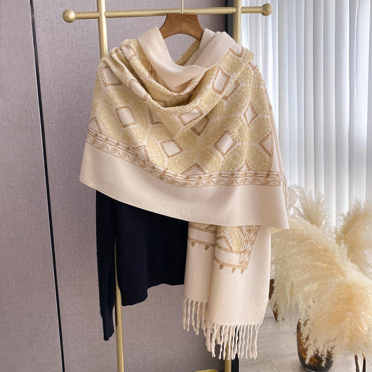 Chal Bordado con Flecos y Patrón Jacquard Geométrico para Mujer - Image 18