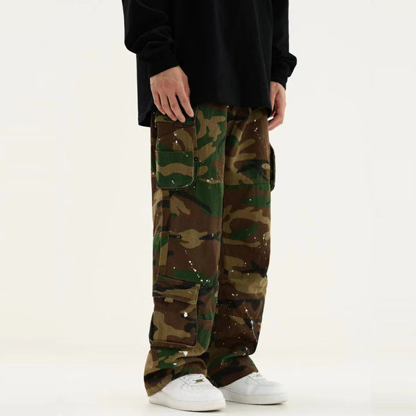 Pantalón de Trabajo Retro Camuflado Cintura Alta Recto Holgado