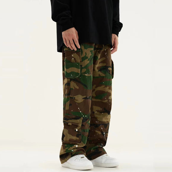 Pantalón de Trabajo Retro Camuflado Cintura Alta Recto Holgado