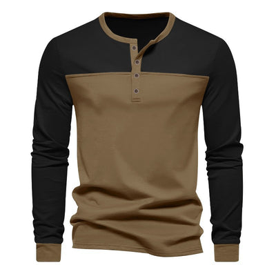 Camisa Casual de Cuello Henry con Combinación de Colores - Manga Larga Estilo Retro - Image 23
