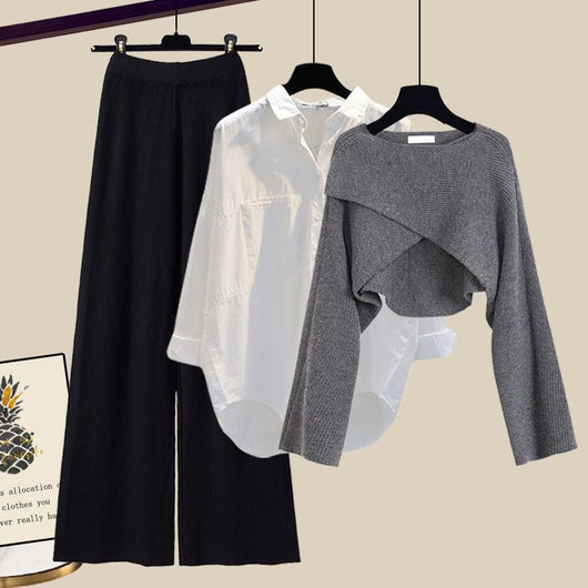 Conjunto de 3 Piezas: Suéter Tejido, Camisa y Pantalón Ancho