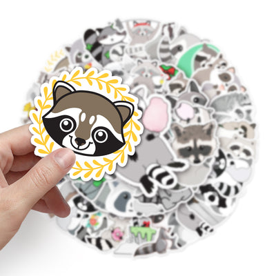50 unique cute raccoon stickers in various cartoon styles, including raccoons with party hats, wreaths, and holding items.
