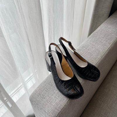 Sandalias de Tacón Hueco Grueso con Punta Dividida en Cuero para Mujer - Image 7