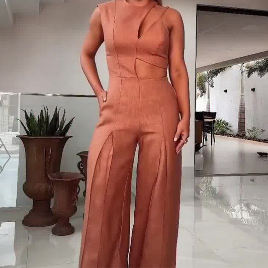 Jumpsuit Elegante de Cintura Alta con Cuello Redondo y Detalles Calados - Image 2