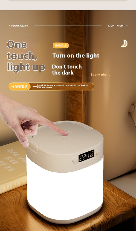 White rechargeable LED table lamp with a digital clock display and a light gray carrying handle. - Image 6