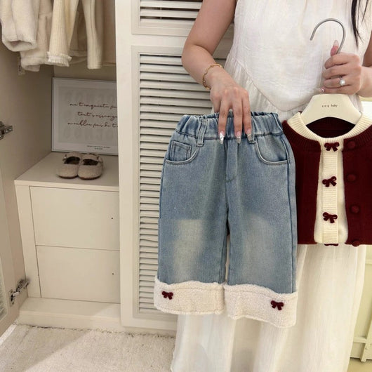 Pantalón Vaquero Acolchado con Sudadera de Lana para Niña - Diseño Lazo Rojo Love