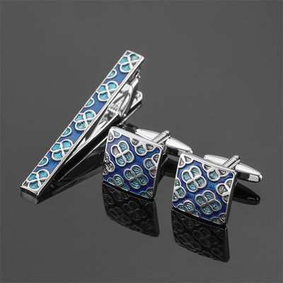 Juego de Clips de Corbata y Gemelos con Cristales Negros y Patrón Floral Esmaltado en Oro y Plata - Image 17