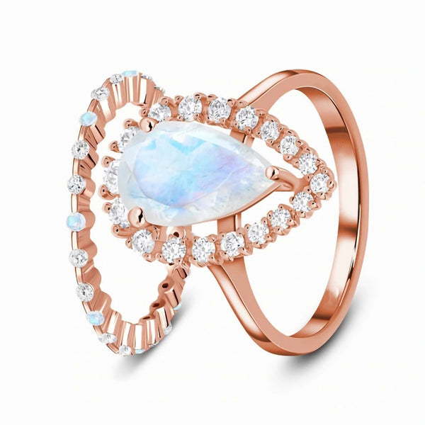 Anillo de Plata 925 con Piedra de Luna y Circones en Oro Rosado