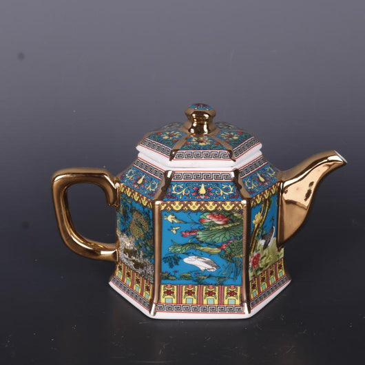 Tetera Decorativa de Porcelana con Flores y Pájaros