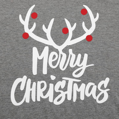 Family Christmas pajama set with grey long-sleeve tops featuring "Merry Christmas" and reindeer antlers, paired with red and black buffalo plaid pants. - Image 16
