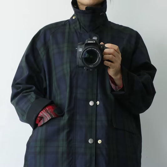 Abrigo Retro Cuadrille Verde Estilo Japonés con Cuello Vuelto en Pana
