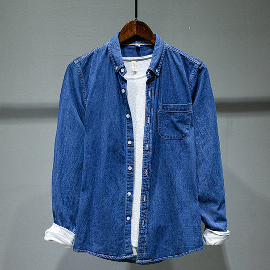Chaqueta Camisa Denim Manga Larga Hombre Color Sólido - Image 14