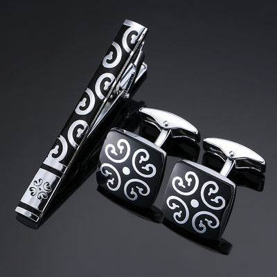 Juego de Clips de Corbata y Gemelos con Cristales Negros y Patrón Floral Esmaltado en Oro y Plata - Image 43
