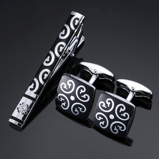 Juego de Clips de Corbata y Gemelos con Cristales Negros y Patrón Floral Esmaltado en Oro y Plata - Image 43