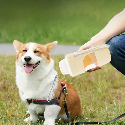 White 2-in-1 travel dog water bottle and food dispenser with a clear compartment and gray lanyard for pets. - Image 4