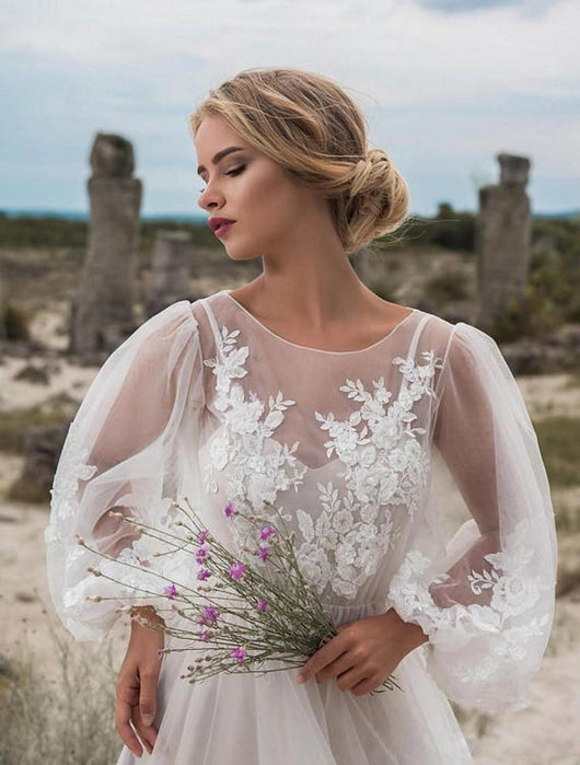 Vestido de Novia Elegante con Cuello Redondo y Bordado en Gasa - Image 4