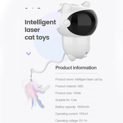 White cat-shaped intelligent laser toy with a black visor and a colorful feather wand attachment for pets. - Image 15