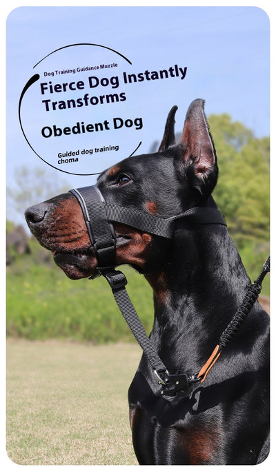 Black and brown leather and nylon dog muzzle with adjustable straps and a D-ring, shown with a size chart. - Image 18