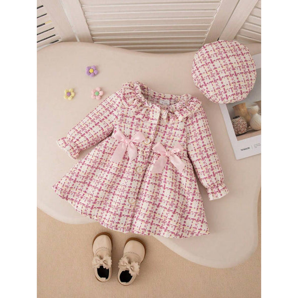 Vestido Infantil Cuadros con Cuello de Encaje y Moño