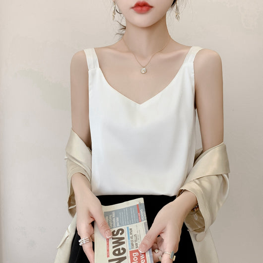 Blusa Interior de Seda Blanca Cuello V - Acetato Satinado Premium - Image 7
