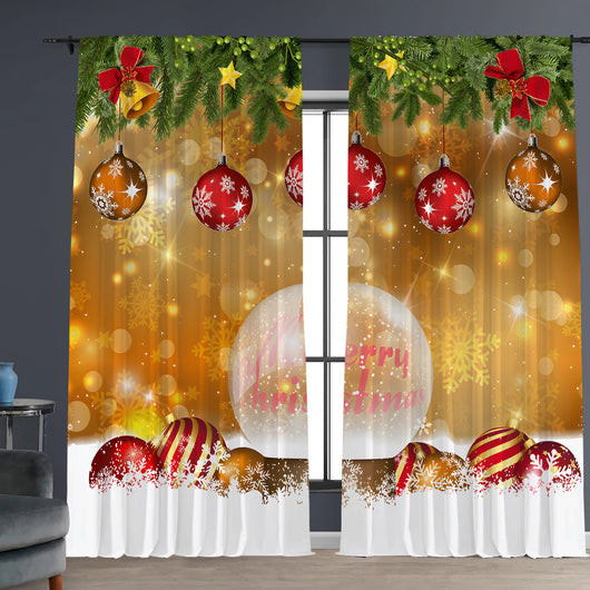 Pair of Christmas curtains with a 3D digital print of a snowy winter window scene, frosted trees, and snowflakes. - Image 18