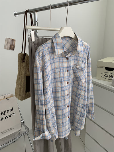 Camisa Cuadriculada de Algodón Retro Lavado Artístico para Mujer - Image 7