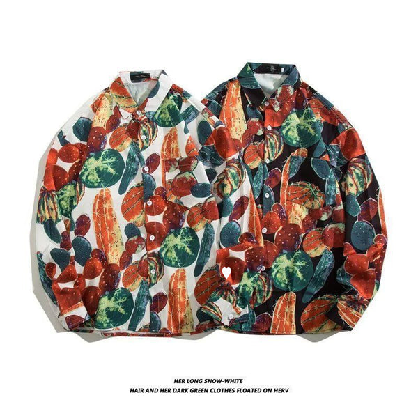 Camisa Retro Holgada Estilo Hong Kong con Estampado de Manga Larga para Hombre