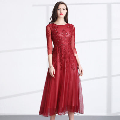 Vestido Slim Fit con Malla y Bordado Elegante para Mujer - Image 4