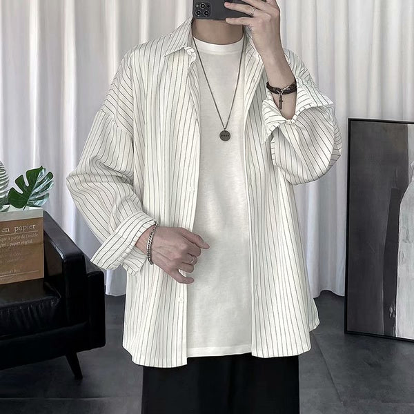 Camisa Casual de Rayas para Hombre Manga Larga Blanca