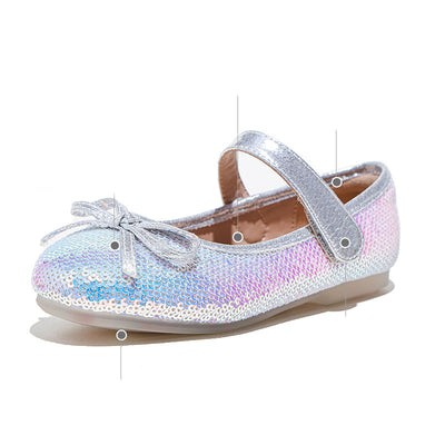 Silver sequined princess shoes for big kids with a soft sole, featuring a decorative bow and a Mary Jane strap. - Image 6