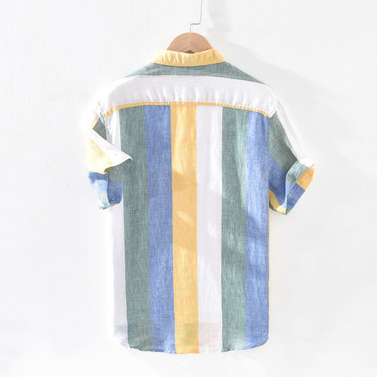 Camisa de Lino Rayada para Hombre - Cuello Cuadrado Suelta y Fresca - Image 2