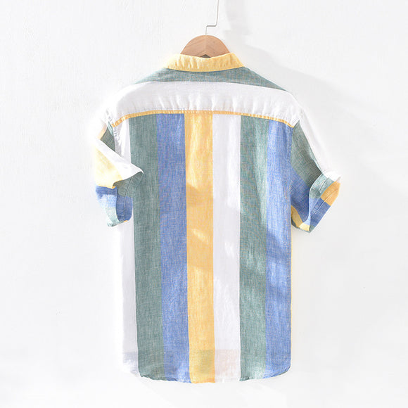 Men's Striped Linen Shirt - Loose and Fresh Square Neck