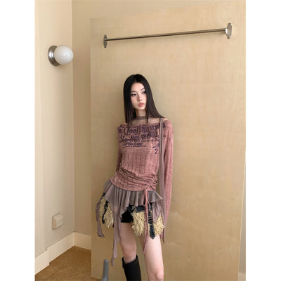 Blusa Tejida con Cuello Volante y Estampado Graffiti Hueco para Mujer - Image 7