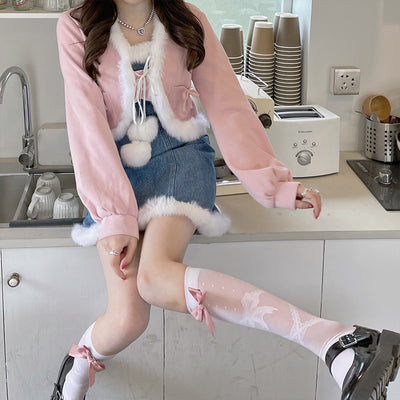 Chaqueta Corta Plush con Moño Japonés para Niñas - Image 10