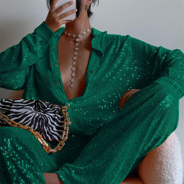 Conjunto de 3 Piezas: Chaleco Lentejuelas Escote V, Blusa Manga Larga y Pantalón Recto - Image 3