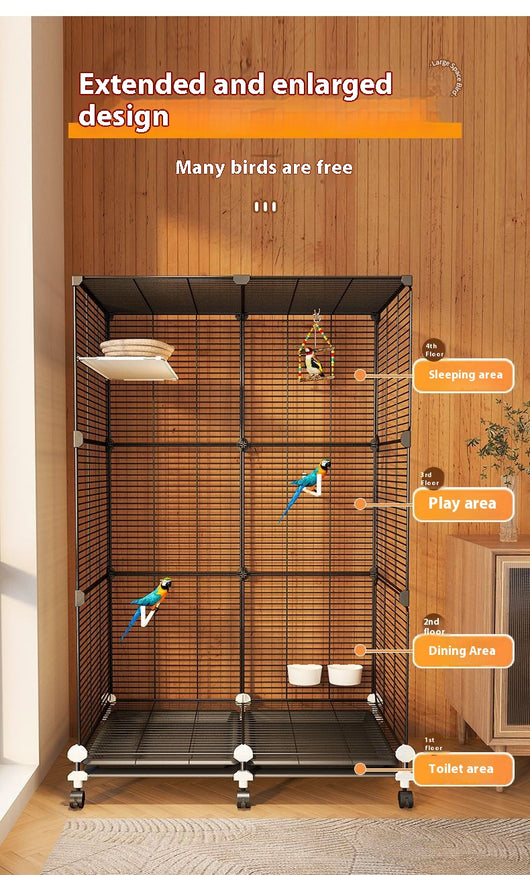 Large black metal bird cage with two columns and three levels, including perches, platforms, food bowls, and a pull-out tray. Two parrots are visible inside. - Image 14