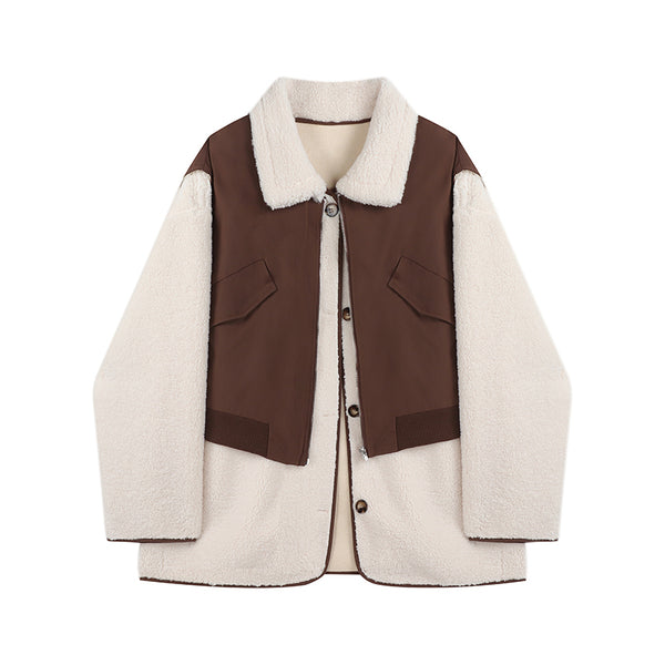 Chaqueta Suéter Bicolor de Lana de Cordero Suelta y Casual