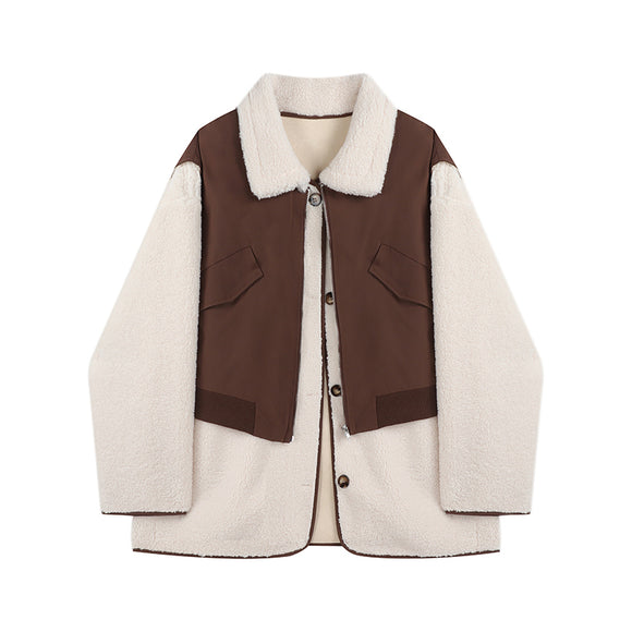 Chaqueta Suéter Bicolor de Lana de Cordero Suelta y Casual