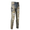 Jeans Slim Fit Desgastados con Bordado de Serpiente de Tres Cabezas y Parches de Cuero