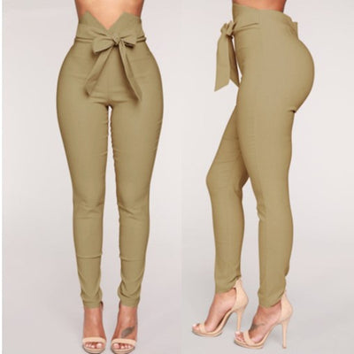 Pantalones Lápiz Casual de Cintura Alta Elástica con Cordones - Image 7