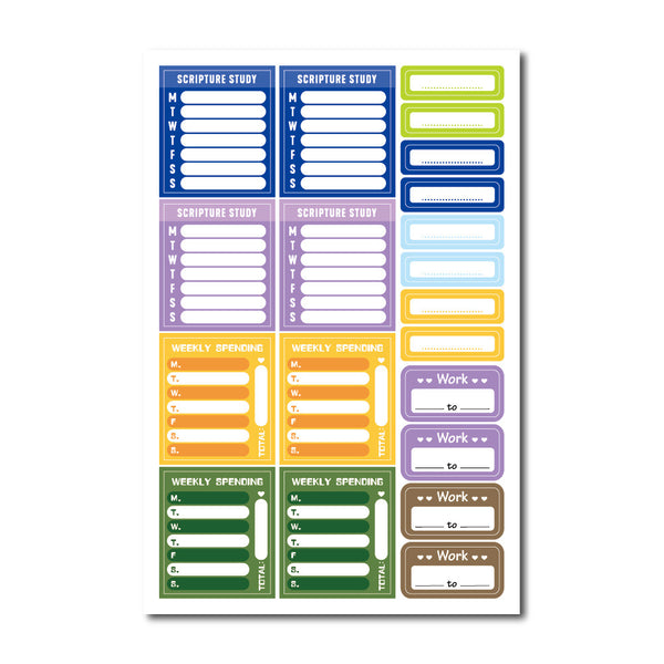 Colorful planner sticker sheet with labels for Scripture Study, Weekly Spending, and Work, featuring various shapes. - Image 3